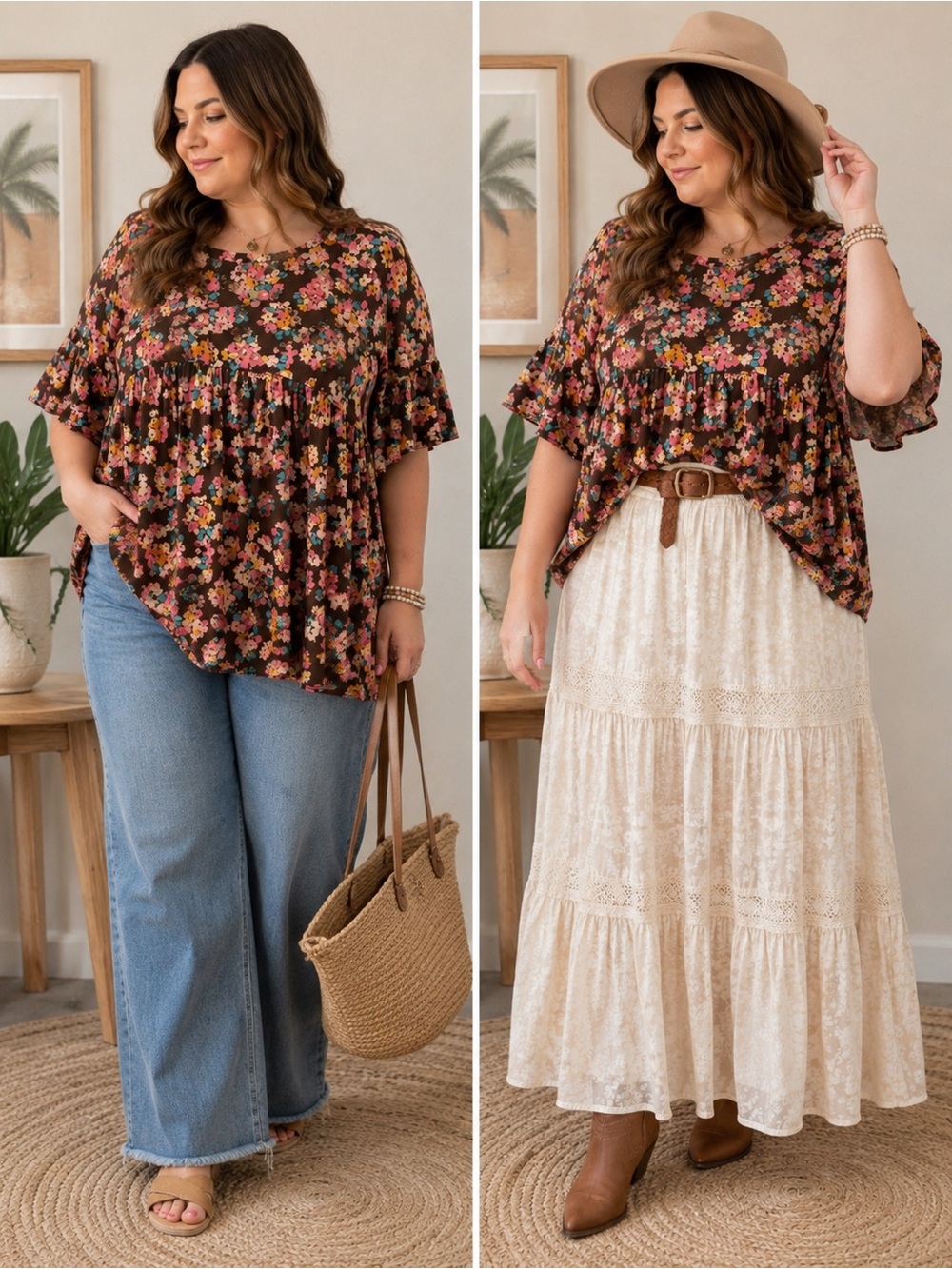 Oversized Floral Boho Peplum Women's Blouse